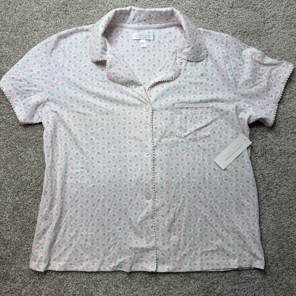Carole Hochman Pajama Top Womens PL Pink Floral Notch Collar Button Sleepwear